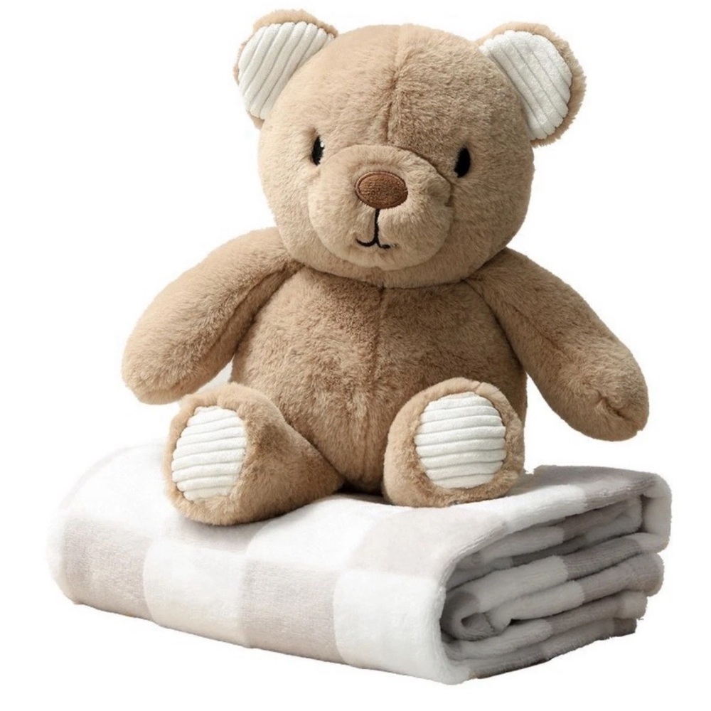 Plush Teddy Bear and Checkered Baby Blanket Set Tan White Nursery Gift 2-Piece